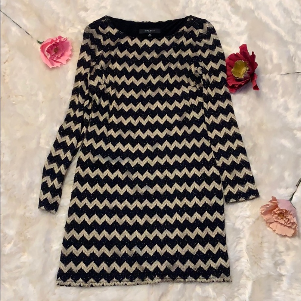 Nine West Black and Gold Lace Long Sleeve Dress